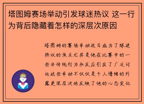 塔图姆赛场举动引发球迷热议 这一行为背后隐藏着怎样的深层次原因 塔图姆赛场举动引发球迷热议 这一行为背后隐藏着怎样的深层次原因