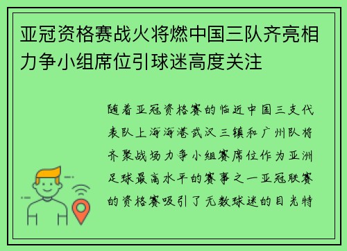 亚冠资格赛战火将燃中国三队齐亮相力争小组席位引球迷高度关注 亚冠资格赛战火将燃中国三队齐亮相力争小组席位引球迷高度关注